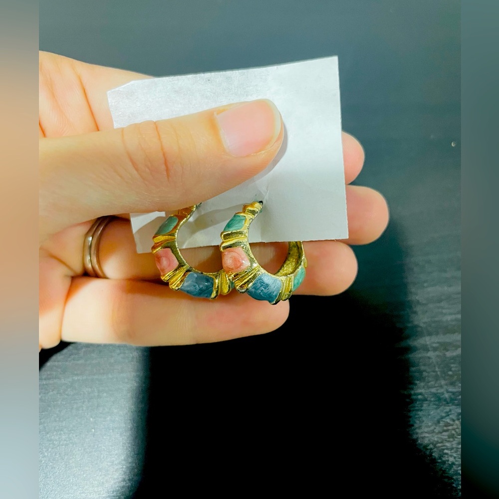 Vintage pink, teal, blue accents gold earrings
